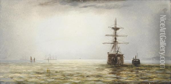 Shipping In A Calm Off A Coastline Oil Painting - Adolphus Knell