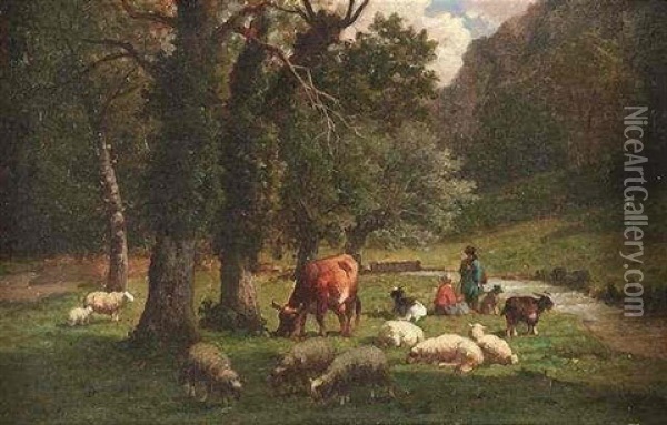 An Einem Bachlauf Huten Hirten Tiere Oil Painting - Louis Robbe