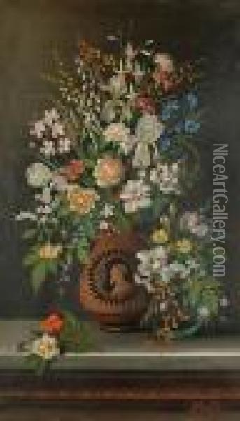 Impressive Still Lifes Of Roses,
 Fuchsias, Lilies, Daisies And Other Flowers In Etruscan Vases On Marble
 Topped Tables Oil Painting - Michaelangelo Meucci