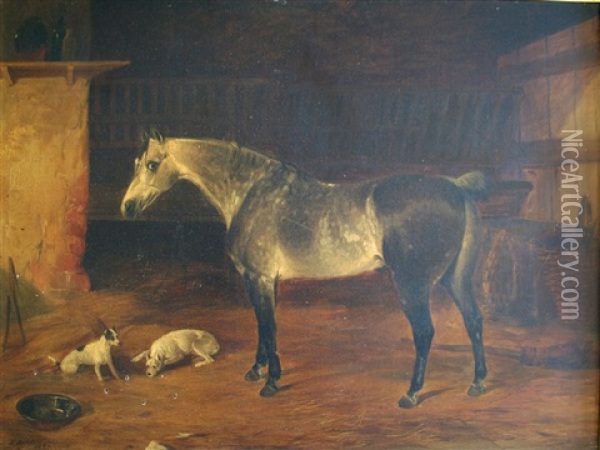 A Dappled Grey With Two Terriers In A Stable Oil Painting - Richard Ansdell