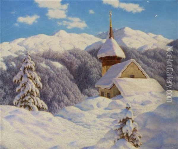 Petite Eglise Dans La Haute Montagne (engadine) Oil Painting - Ivan Fedorovich Choultse
