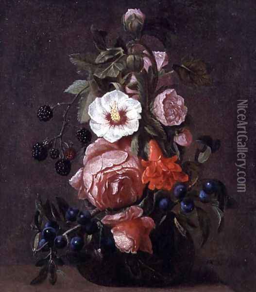 A Still Life of Mixed Flowers and Berries in a Glass Vase Oil Painting - Daniel Seghers