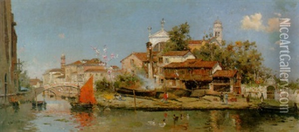 A Venetian Backwater Oil Painting - Antonio Maria de Reyna Manescau