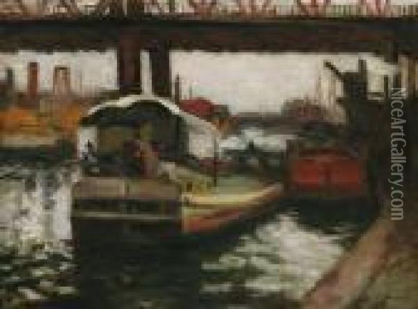 Barges By A Bridge, Philadelphia Oil Painting - Frederick R. Wagner