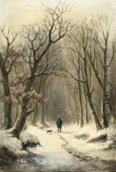 A Hunter And His Dog On A Snow-covered Path Oil Painting - Louis Sierich