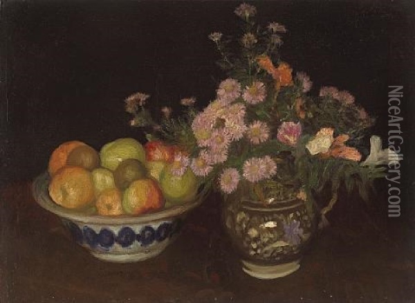 A Jug Of Wild Flowers And Fruit In A Bowl Oil Painting - Sir George Clausen