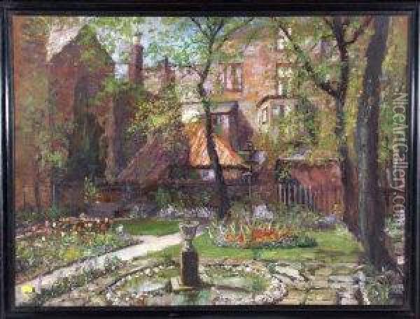 A Tynemouth Garden With An Ornamental Pond In Summer. Oil Painting - John Falconar Slater