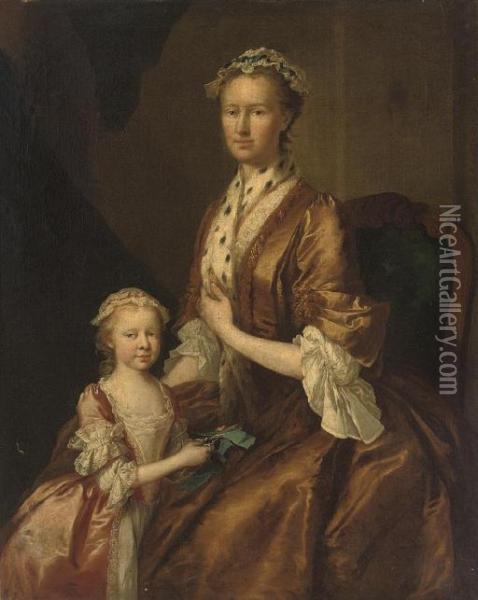 Portrait Of A Mother And Daughter, Three-quarter-length, The Former Seated, In A Brown Dress And Ermine Shawl, The Latter In A Pink Dress, Scissors And A Ribbon In Her Right Hand Oil Painting - George Beare