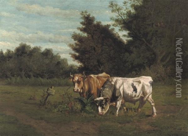 Grazing Cows Oil Painting - Johannes Hubertus Leonardus de Haas