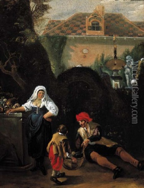 A Peasant Woman Offering Fruit To A Vagabond By The Gate Of A Country Mansion Oil Painting - Jan Blom