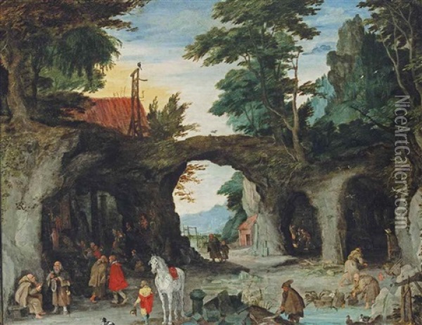 A Mountainous Landscape With Pilgrims Visiting A Shrine At A Hermitage Oil Painting - Jan Brueghel the Elder