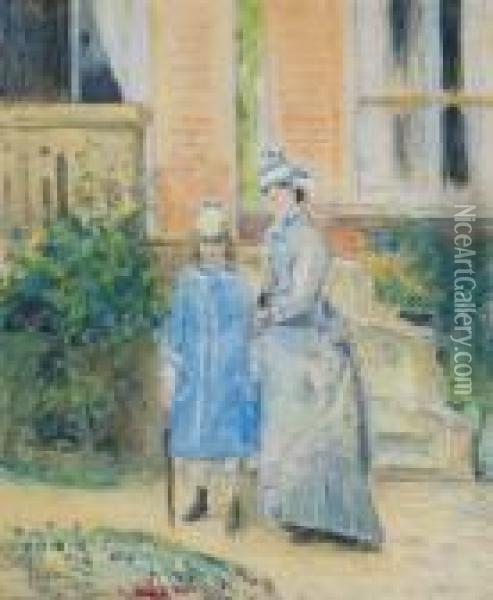 Deux Jeunes Filles Dans Un Jardin, Devant Un Perron Oil Painting - Camille Pissarro