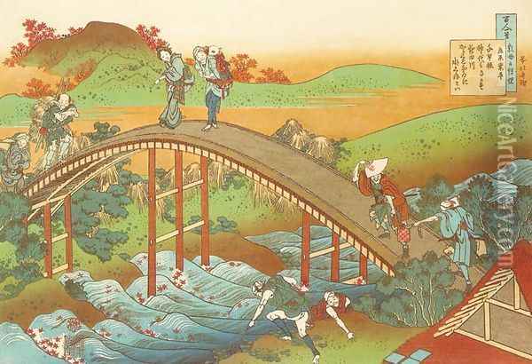 People Crossing an Arched Bridge (Ariwara no Narihira) Oil Painting - Katsushika Hokusai