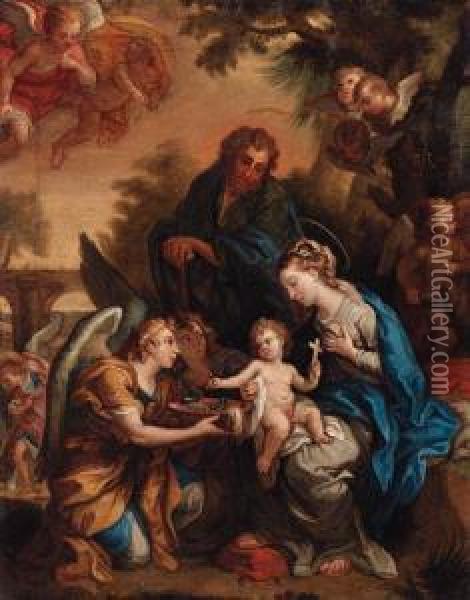 The Holy Family With Angels Presenting The Instruments Of Thepassion Oil Painting - Giulio Cesare Procaccini