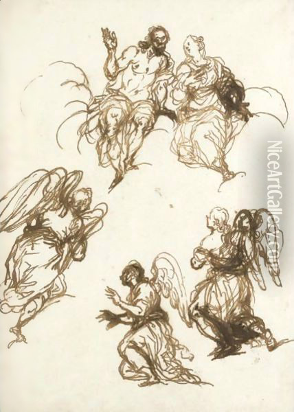 Sheet Of Figure Studies Christ And The Virgin And Three Angels Oil Painting - Alessandro Maganza