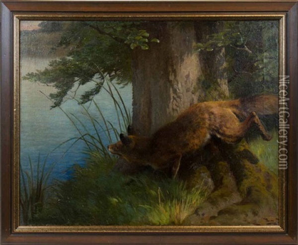 Fox On The Prowl Oil Painting - Adolf Heinrich Mackeprang