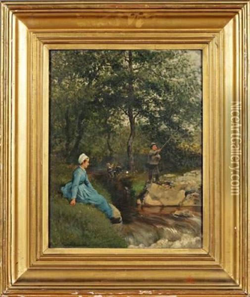 < Scene De Peche >. Oil Painting - Adolphe Theodore J. Potemont