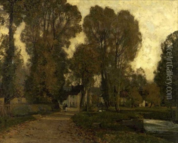 Landscape With Village Beside A Stream Oil Painting - Sir Alfred East
