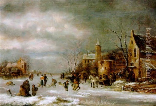 Eisvergnugen Vor Einem Hollandischen Dorf Oil Painting - Nicolaes Molenaer