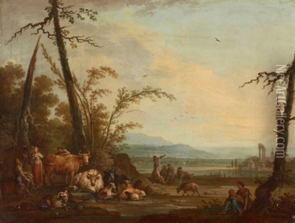 Bergers Et Leur Troupeau Dans Un Paysage Classique Oil Painting - Jean Baptiste Charles Claudot