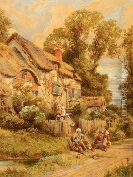 Chair Mender And Other Figures By A Country Cottage Oil Painting - Myles Birket Foster
