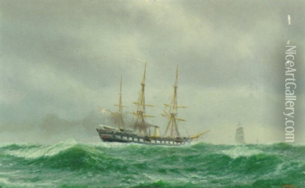 Fregatten Sjaelland I Nordsoen Oil Painting - Johan Jens Neumann