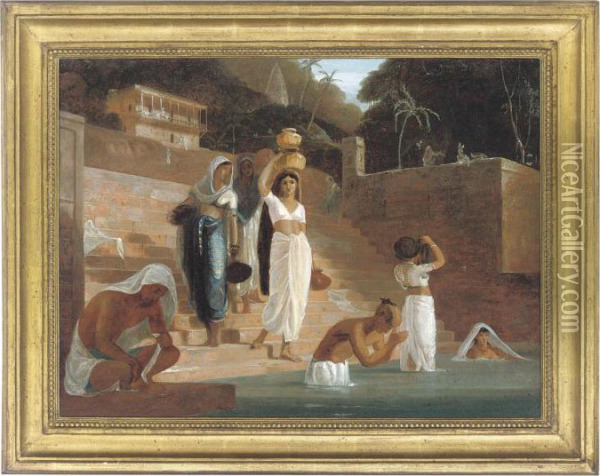Hindu Women And Brahmans At A Ghat On The Ganges Oil Painting - William Daniell RA