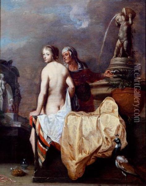 El Bano De Betsabe Oil Painting - Dirck Van Der Lisse