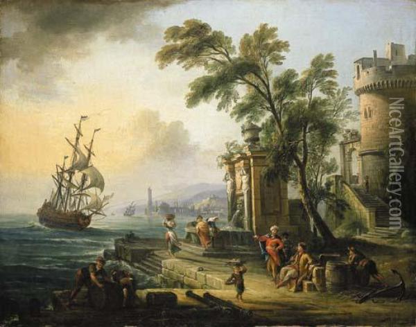 A Capriccio Of A Mediterranean Port With Oriental Figures, A Man-o-war At Sea Beyond Oil Painting - Jean-Baptiste Lallemand