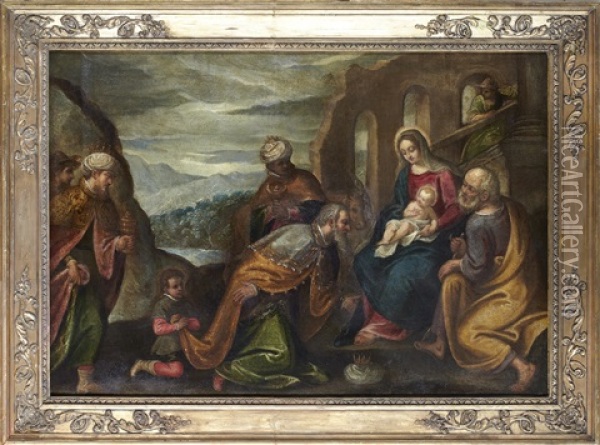 Den Heliga Familjen Med De Tre Vise Mannen Oil Painting - Jacopo Palma il Giovane