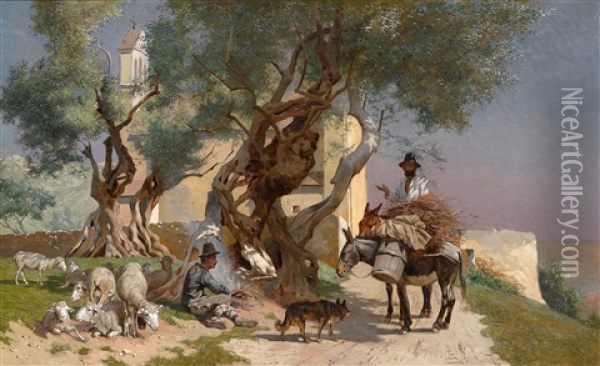 Siesta Unter Baumen Oil Painting - Franz Gustav Hochmann