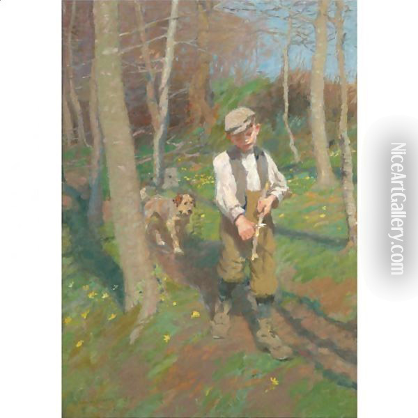 Boy Whittling A Stick Oil Painting - Harvey Harold