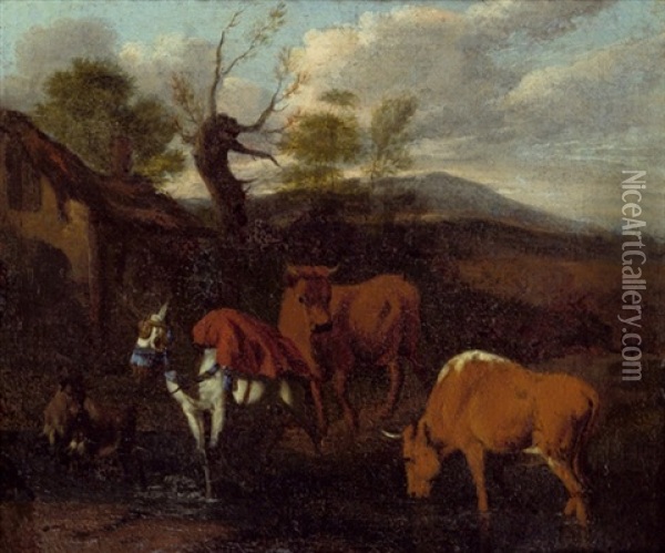 Zwei Kuhe, Ein Maultier Und Eine Ziege Vor Einer Scheune Oil Painting - Dirk van Bergen