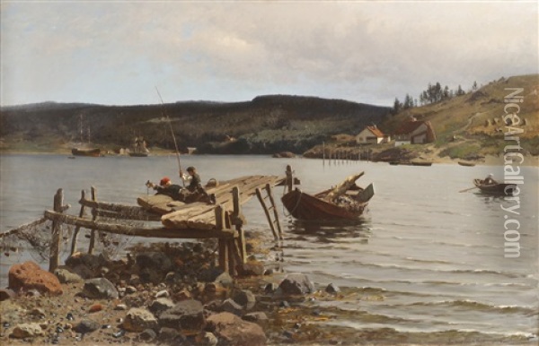 Bryggefiske Oil Painting - Frithjof Smith-Hald