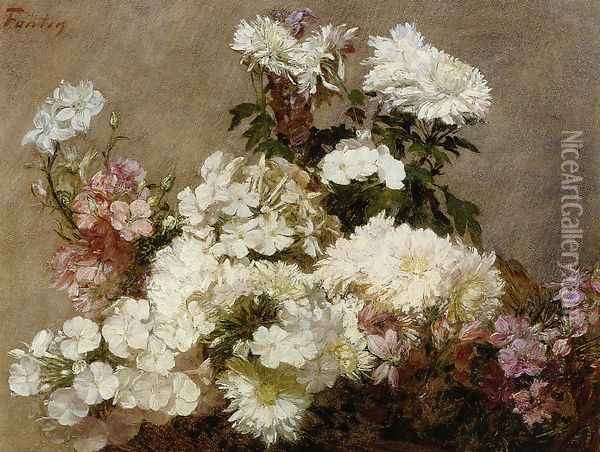 White Phlox, Summer Chrysanthemum and Larkspur Oil Painting - Ignace Henri Jean Fantin-Latour