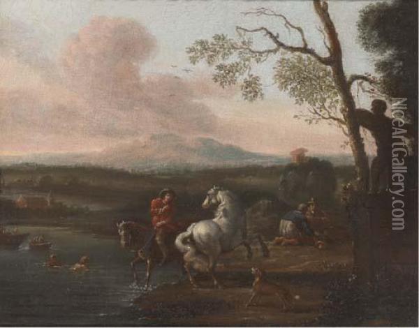 A Riverside Landscape With 
Bathers And A Horseman; And Figures Athalt Before A Military Encampment Oil Painting - Pieter van Bloemen