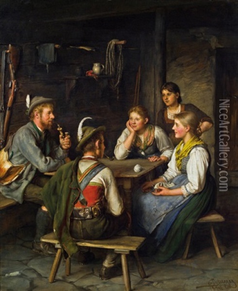 Unterhaltung Am Tisch Mit Jager Oil Painting - Franz Von Defregger