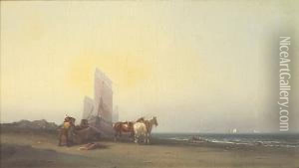 A Coastal View With Figures And Horses On A Beach Oil Painting - George Washington Nicholson