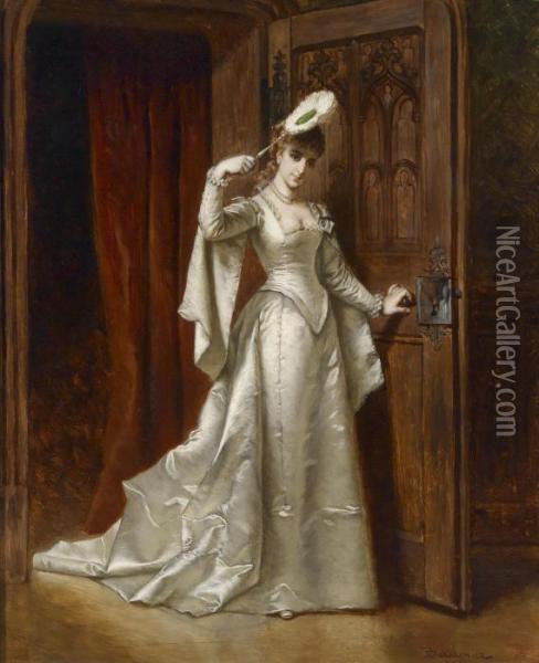 Elegant Lady In A White Damask Dress Oil Painting - Ladislaus Bakalowicz