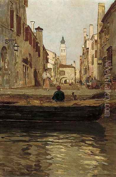 A bustling Venetian backwater Oil Painting - Pietro Fragiacomo