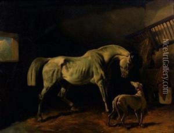 Cheval Blanc Et Levrier Dans Une Ecurie. Oil Painting - August Friedrich Schenck