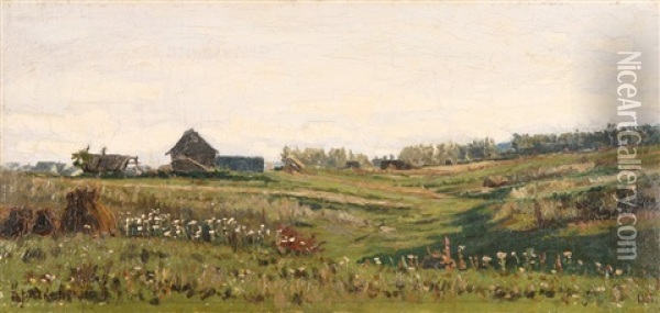 Summer Meadows By The Village Oil Painting - Iosif Evstafevich Krachkovsky