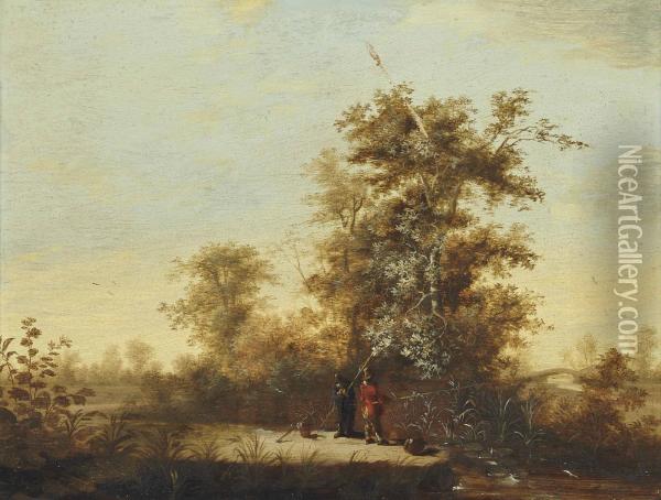 A Wooded River Landscape With Anglers On A Bank Oil Painting - Frederick De Moucheron