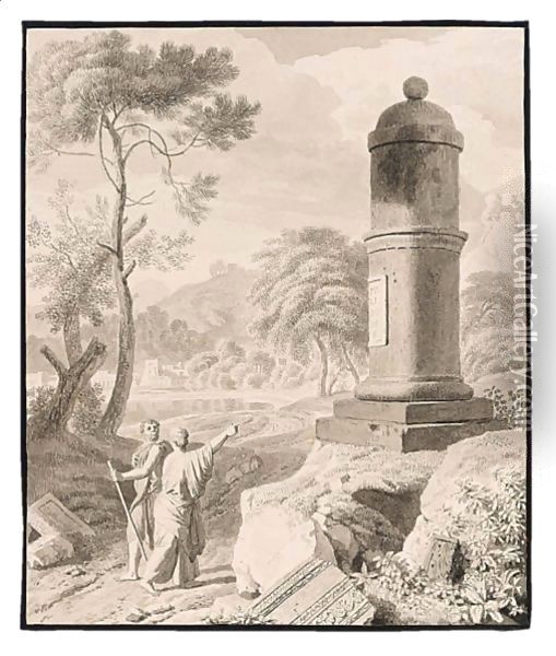Arcadian Landscape With Two Figures On A Road By A Monument Oil Painting - Johannes (Polidoro) Glauber