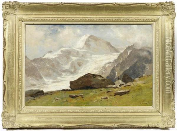 Landscape With Mountains. Les Vignes D'arolla Et Le Glacier De Zigiesnoia. Oil Painting - Gustave Castan