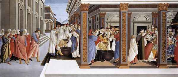 Baptism of St Zenobius and His Appointment as Bishop 1500-05 Oil Painting - Sandro Botticelli