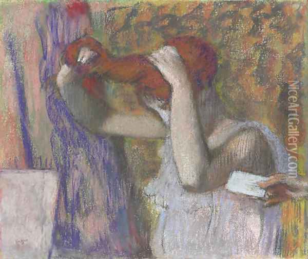 Femme se coiffant, la lettre Oil Painting - Edgar Degas