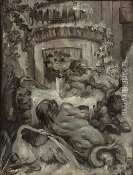 Fontaine Aux Tritons Et Putti Oil Painting - Jean Baptiste Henri Deshays