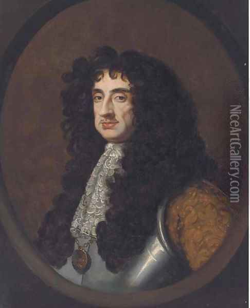 Portrait of King Charles II, bust-length, in a breast plate and lace cravat, feigned oval Oil Painting - Sir Peter Lely