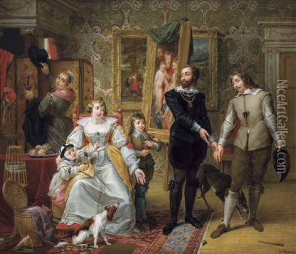 Anthony Van Dyck Visiting Peter Paul Rubens And Family Oil Painting - Louis Ricquier